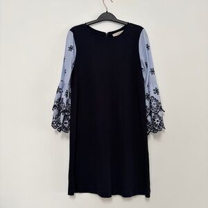 LOFT Navy Dress with Blue Eyelet Bell Sleeves Small